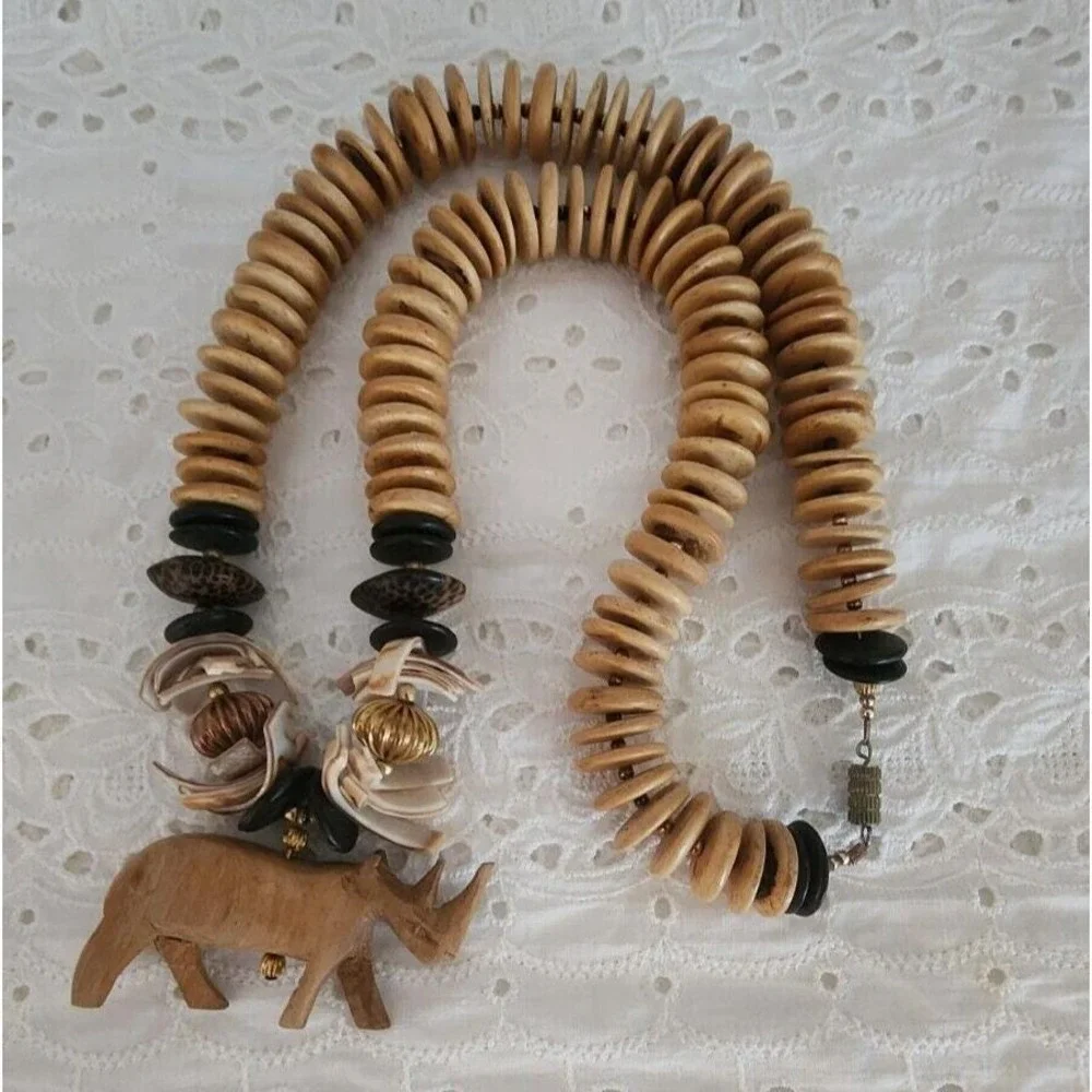 Vintage Wood Bead Disc Rhinoceros Rhino Polished Shell 24